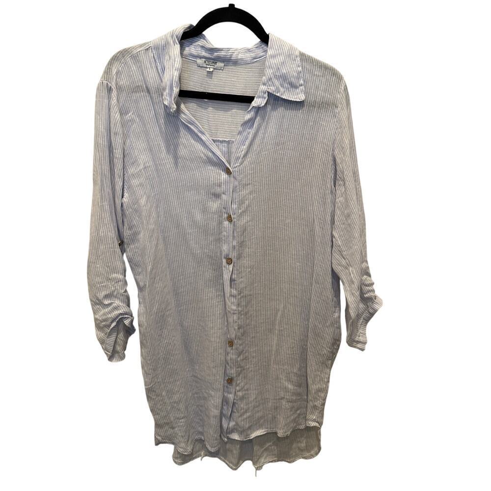 Rosemarine Women's Blue White 100% Linen Striped Pattern Button Down Size Large